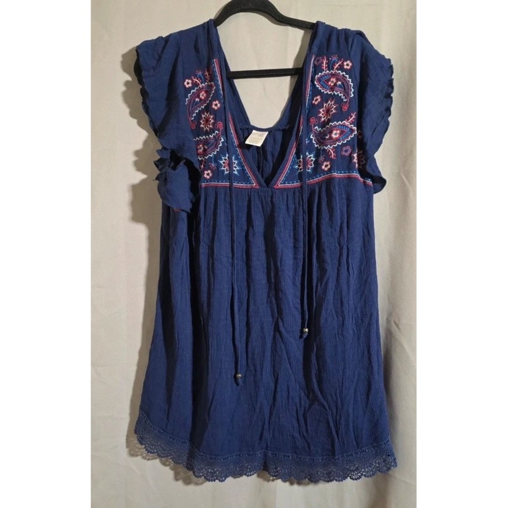 Terra & Sky Navy Blue Embroidered Boho Peasant Top Flutter Sleeve Lace Trim 1X